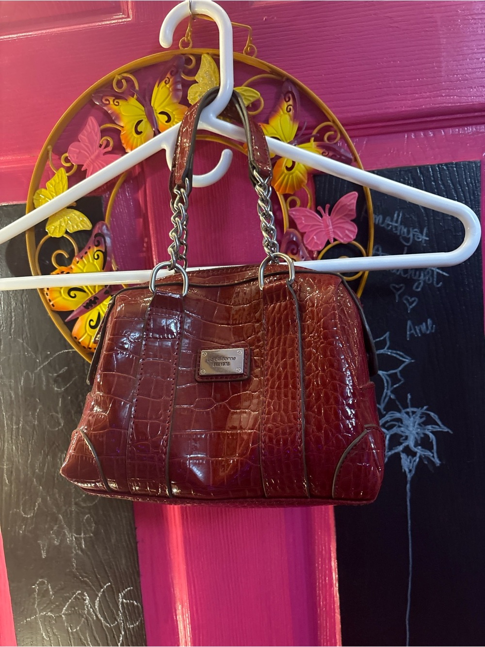 Liz Claiborne Burgundy Patent Croc-Embossed Shoulder Bag